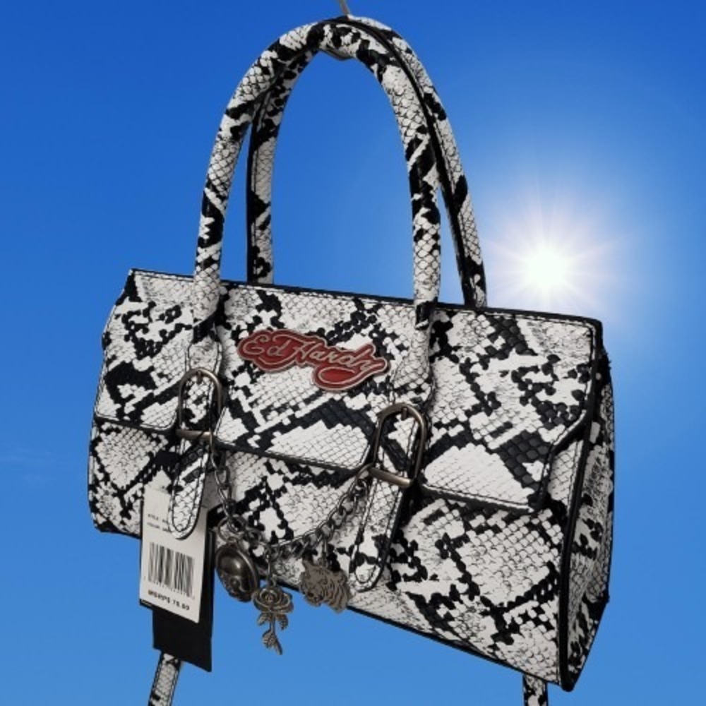 Y2K Ed Hardy Snake Print Satchel Bag Purse Detachable Strap 10 inches NWT $70
